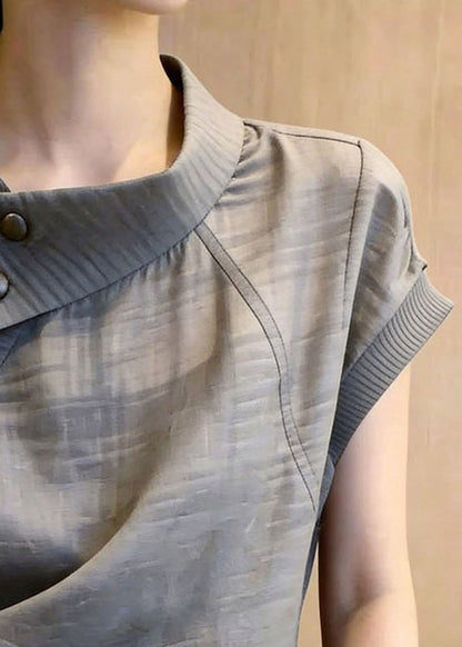 Women Grey Asymmetrical Tie Waist Cotton Top Summer