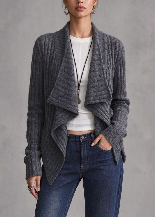 Women Grey Asymmetrical Wrinkled Knit Cardigans Fall