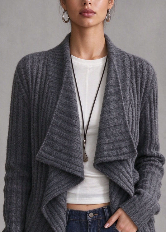 Women Grey Asymmetrical Wrinkled Knit Cardigans Fall