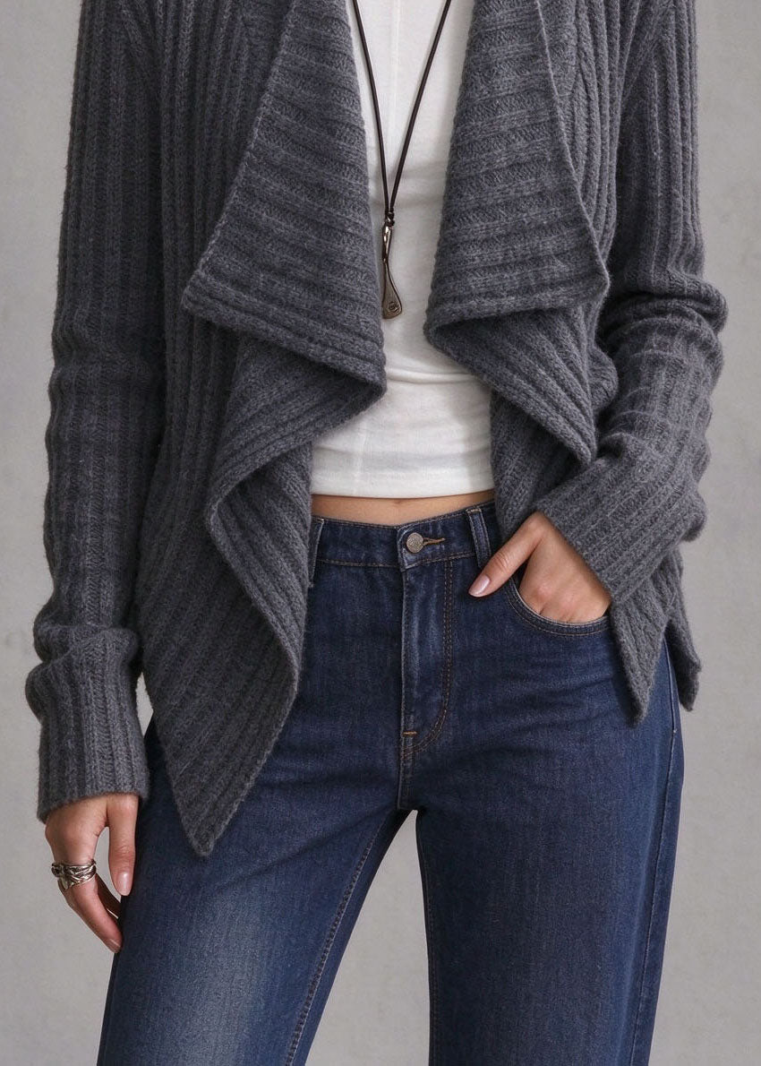 Women Grey Asymmetrical Wrinkled Knit Cardigans Fall