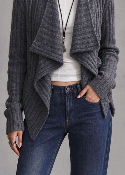 Women Grey Asymmetrical Wrinkled Knit Cardigans Fall