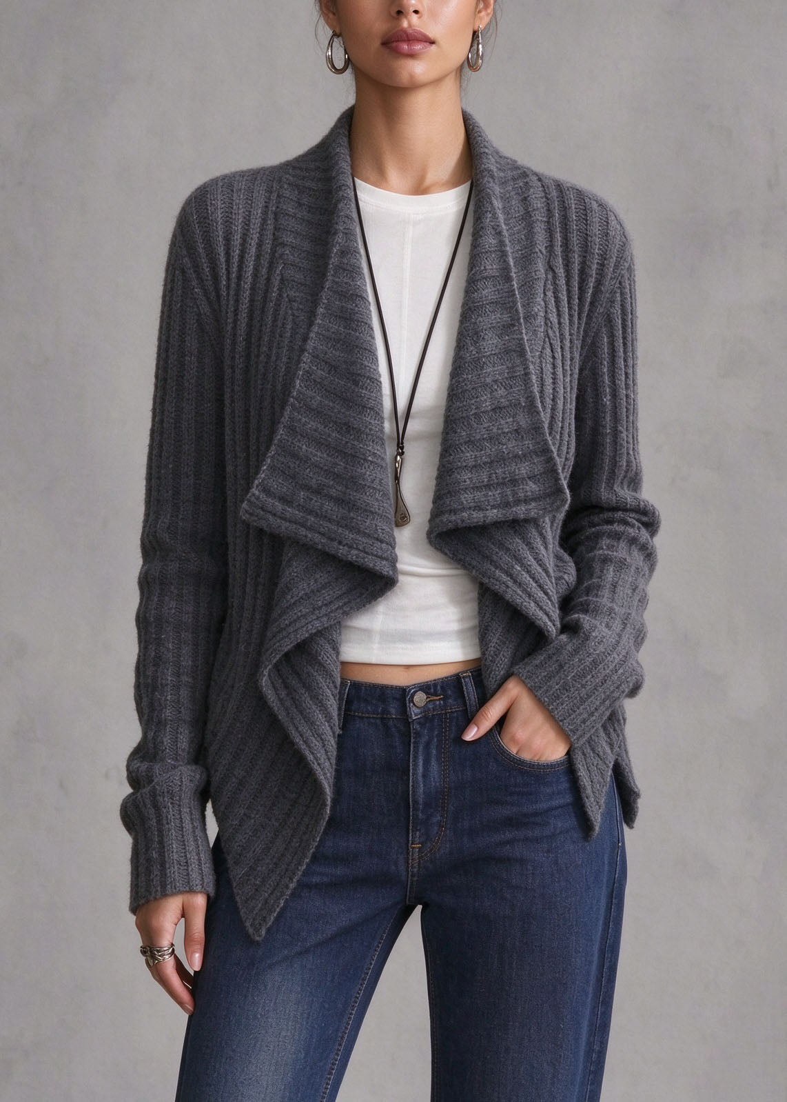 Women Grey Asymmetrical Wrinkled Knit Cardigans Fall