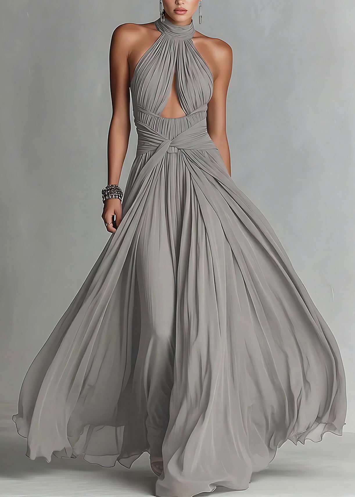 Women Grey Backless Halter Patchwork Chiffon Maxi Dress Summer