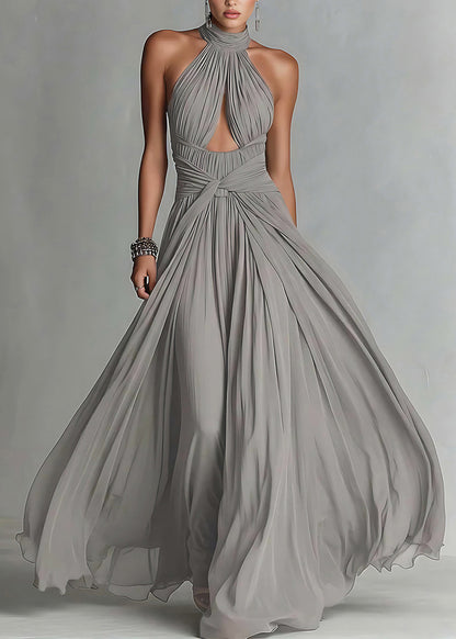 Women Grey Backless Halter Patchwork Chiffon Maxi Dress Summer