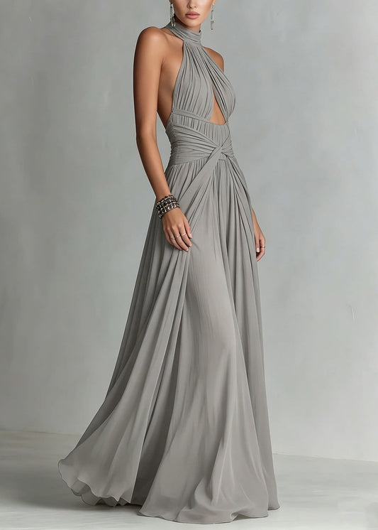 Women Grey Backless Halter Patchwork Chiffon Maxi Dress Summer