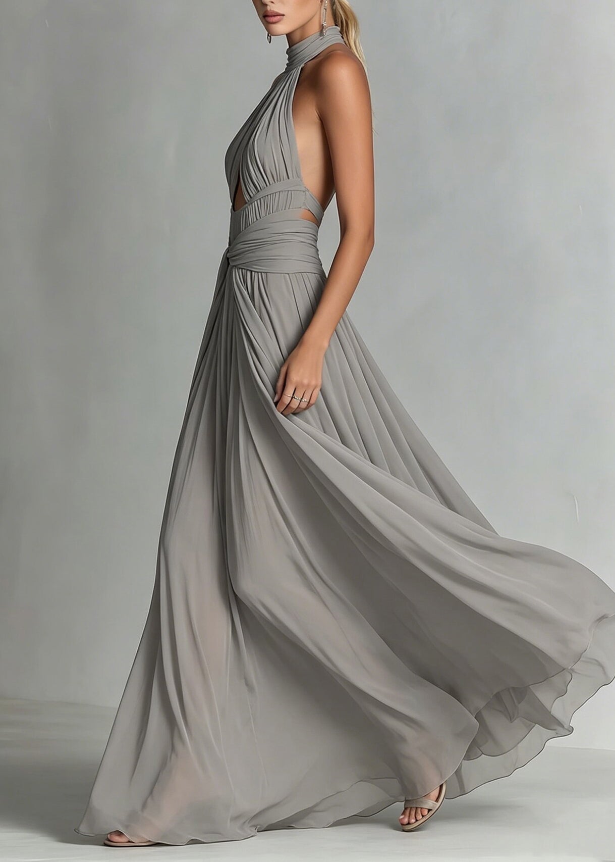 Women Grey Backless Halter Patchwork Chiffon Maxi Dress Summer