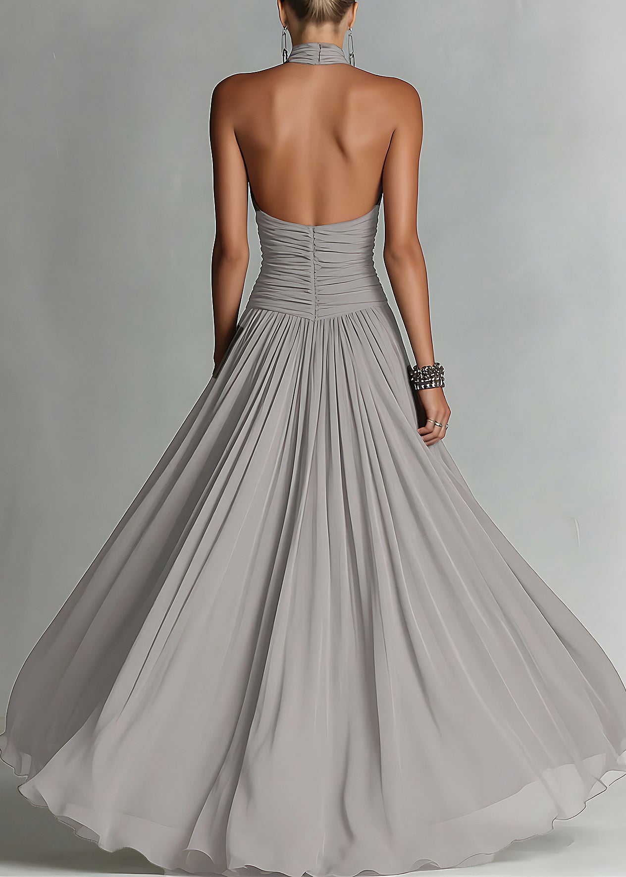 Women Grey Backless Halter Patchwork Chiffon Maxi Dress Summer