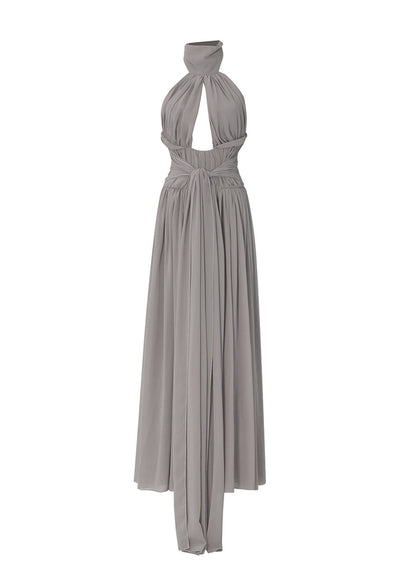 Women Grey Backless Halter Patchwork Chiffon Maxi Dress Summer