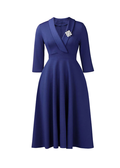 Women Grey Blue Peter Pan Collar Patchwork Polyester Dress Summer