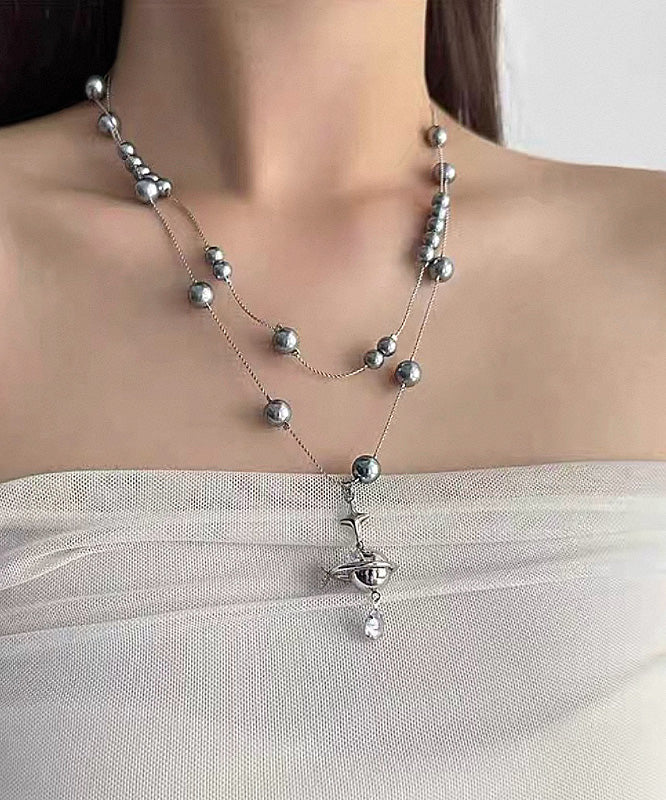 Women Grey Copper Alloy Double-Layer Pearl Spaceship Pendant Necklace
