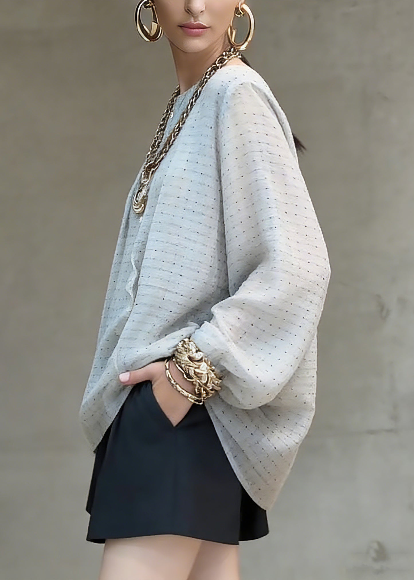Women Grey Dot Print Top Lantern Sleeve