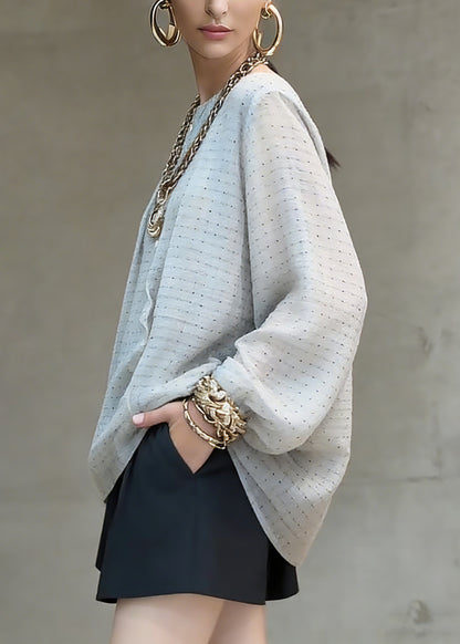 Women Grey Dot Print Top Lantern Sleeve