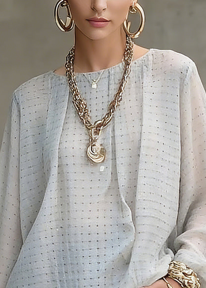 Women Grey Dot Print Top Lantern Sleeve