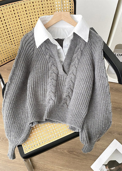 Women Grey False Two Pieces Patchwork Knit Pullover Spring