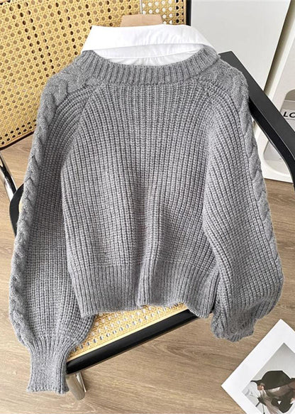 Women Grey False Two Pieces Patchwork Knit Pullover Spring