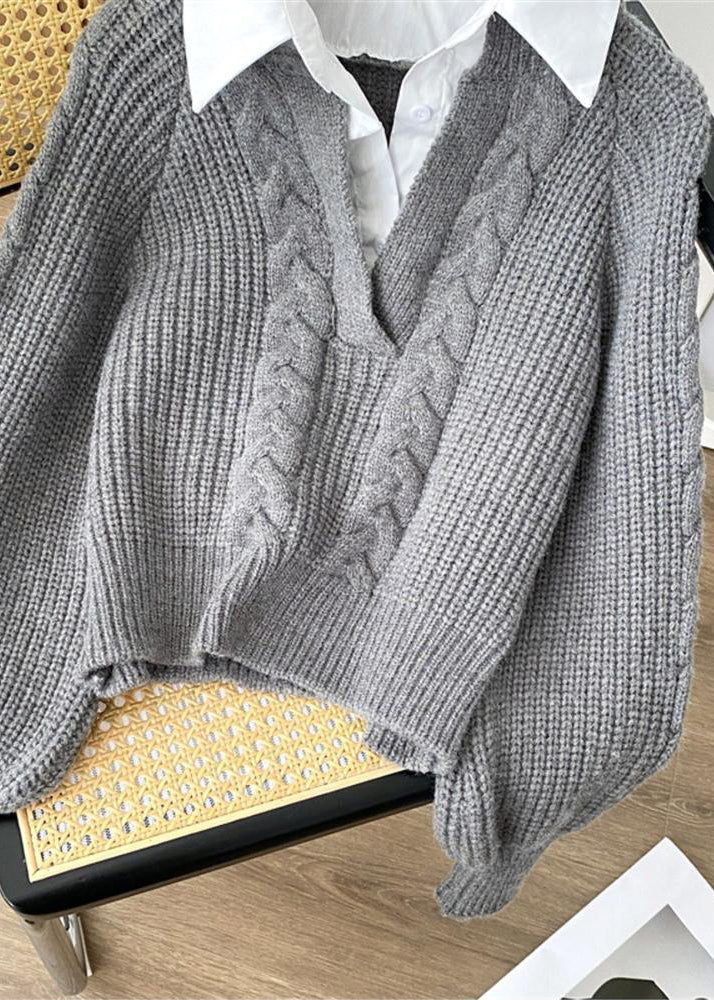 Women Grey False Two Pieces Patchwork Knit Pullover Spring