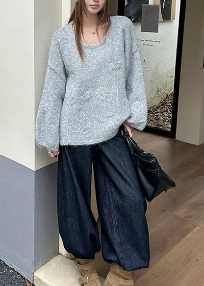 Women Grey Floral Jacquard Thic Knit Sweater Tops Winter