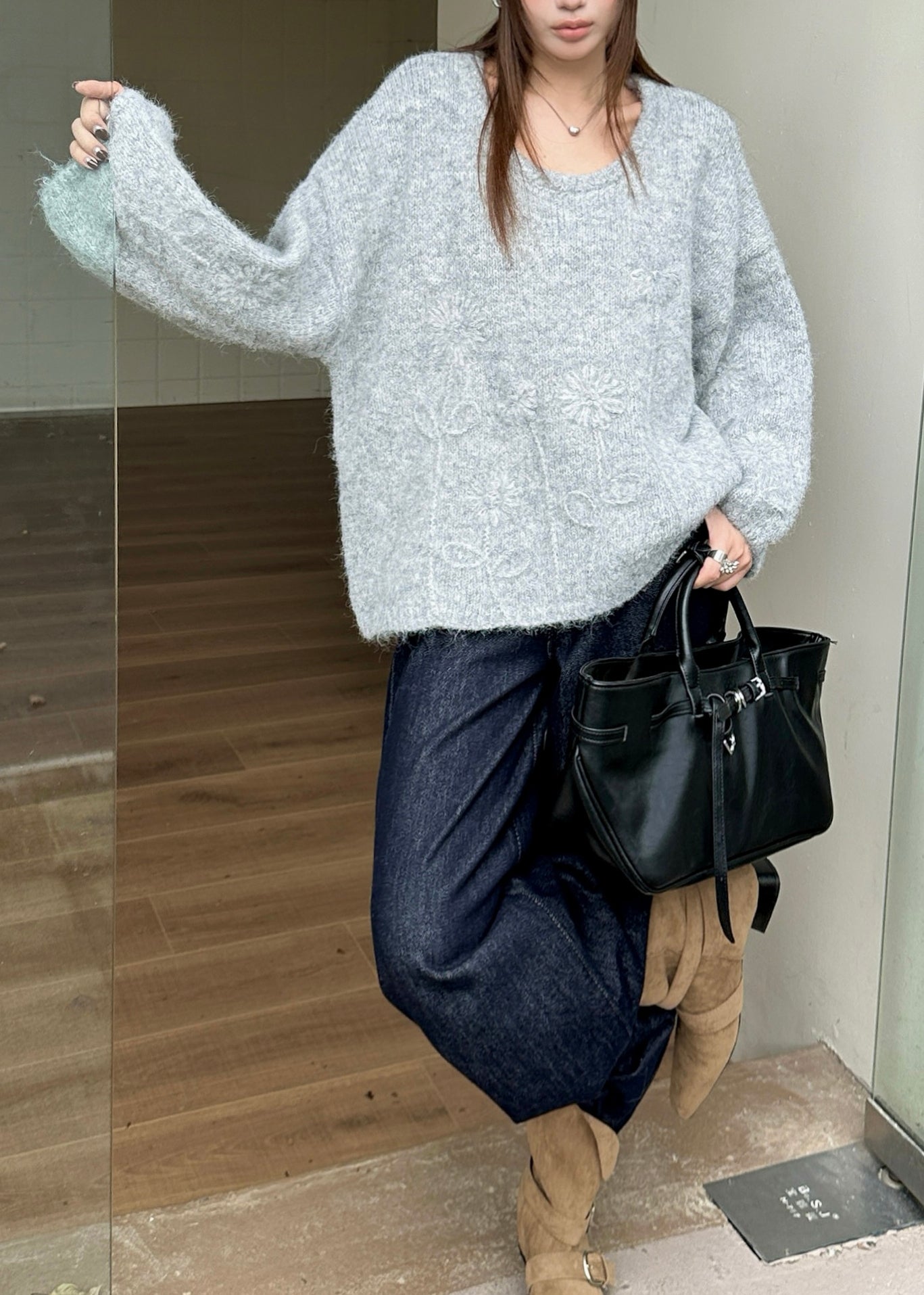 Women Grey Floral Jacquard Thic Knit Sweater Tops Winter