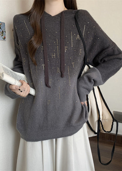 Women Grey Hooded Tie Dye Knit Pullover Sweatshirt Fall