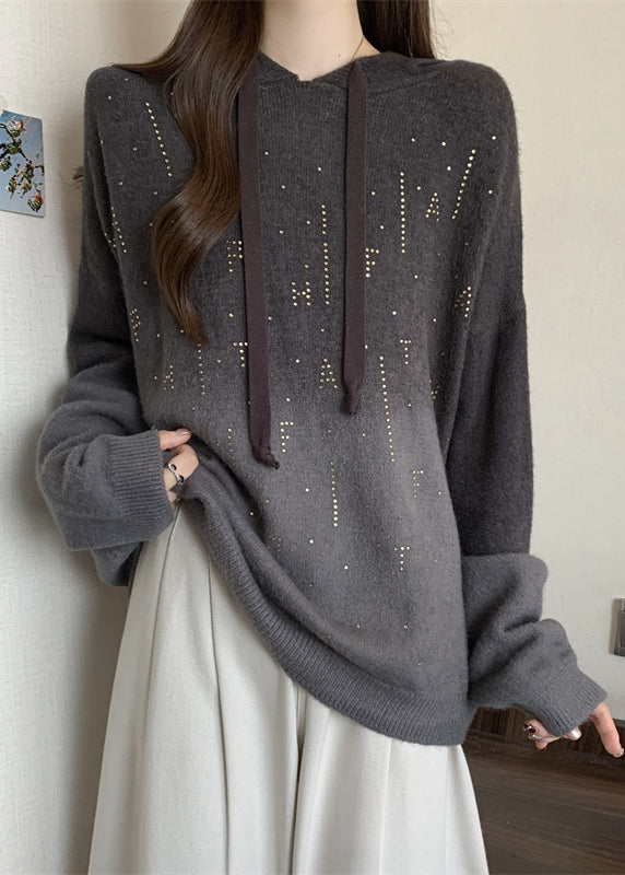 Women Grey Hooded Tie Dye Knit Pullover Sweatshirt Fall