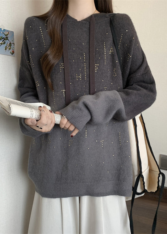 Women Grey Hooded Tie Dye Knit Pullover Sweatshirt Fall