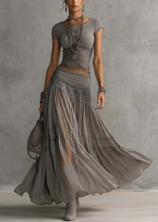 Women Grey Lace Patchwork Tops And Skirts Cotton Two Pieces Set Summer