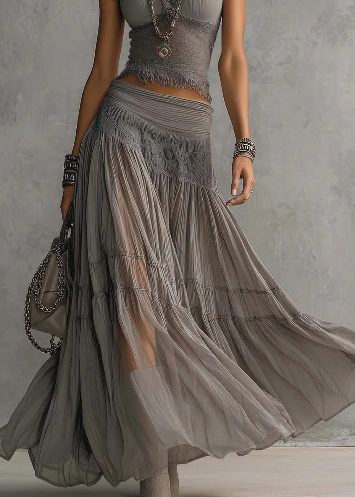 Women Grey Lace Patchwork Tops And Skirts Cotton Two Pieces Set Summer