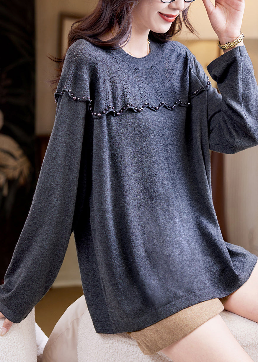 Women Grey Nail Bead Patchwork Knit Sweater Top Fall