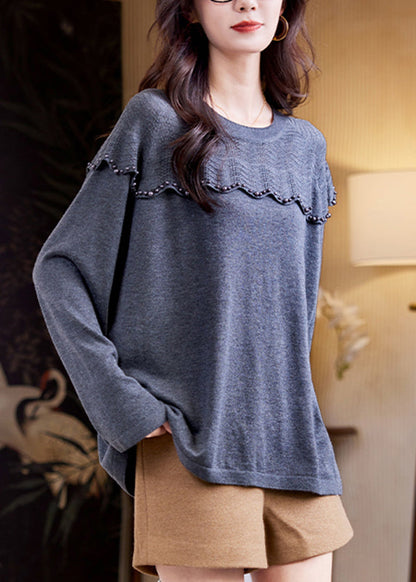Women Grey Nail Bead Patchwork Knit Sweater Top Fall