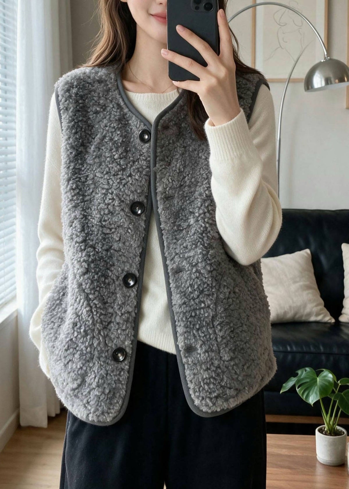 Women Grey O-Neck Button Faux Fur Waistcoat Sleeveless