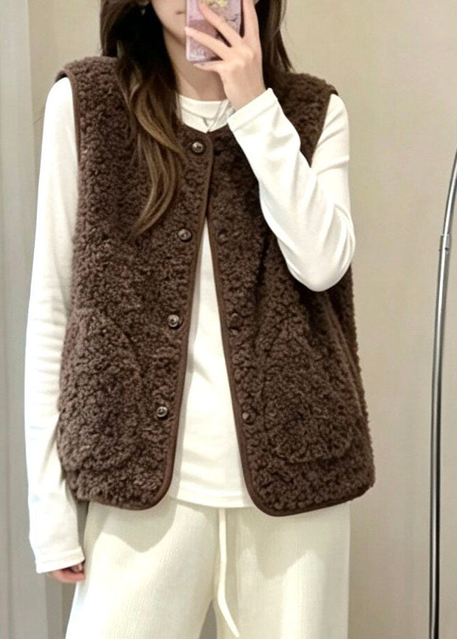Women Grey O-Neck Button Faux Fur Waistcoat Sleeveless