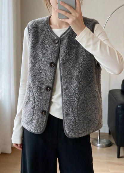 Women Grey O-Neck Button Faux Fur Waistcoat Sleeveless