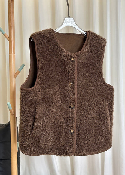 Women Grey O-Neck Button Faux Fur Waistcoat Sleeveless