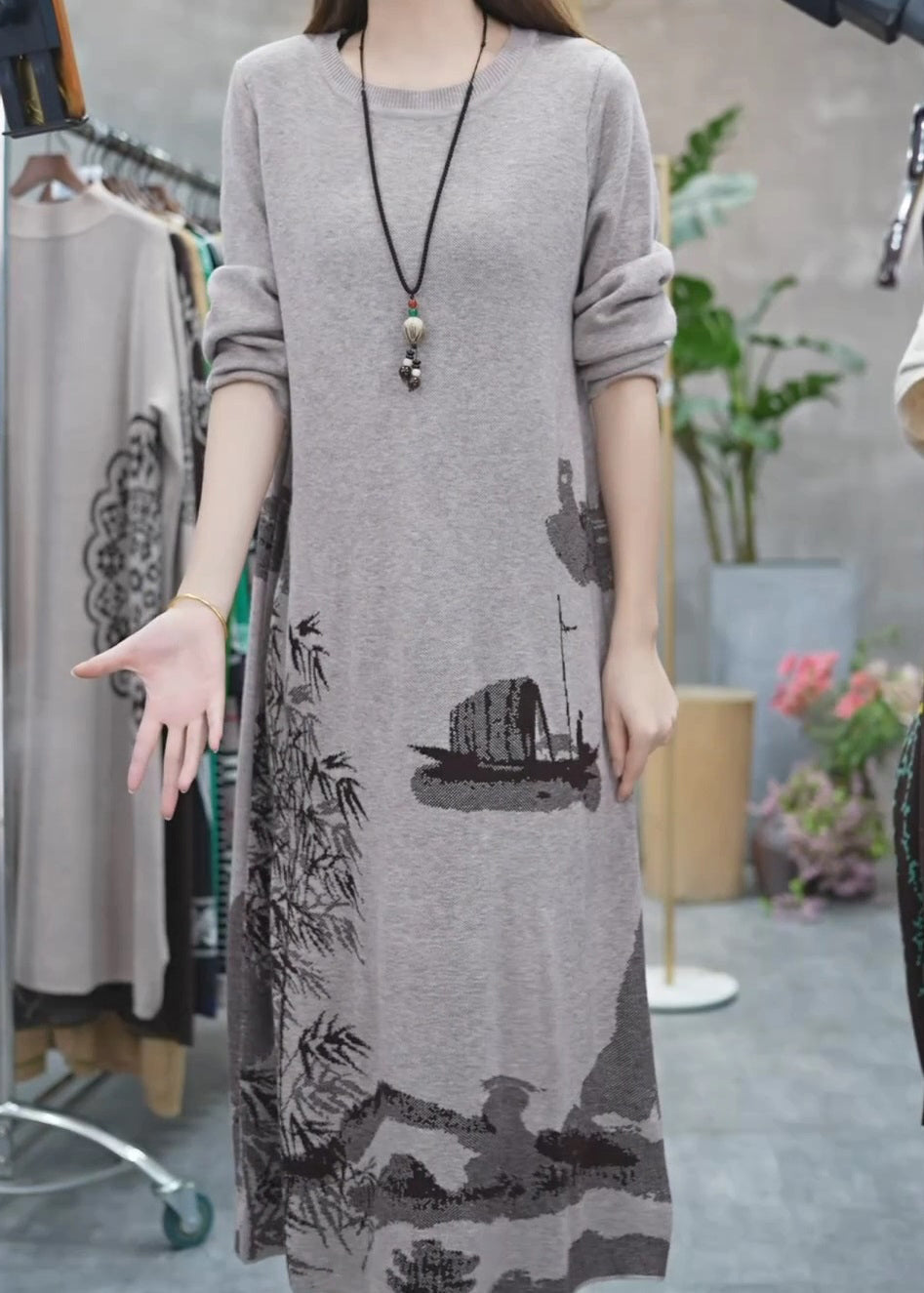 Women Grey O Neck Print Knit Sweater Dress Winter