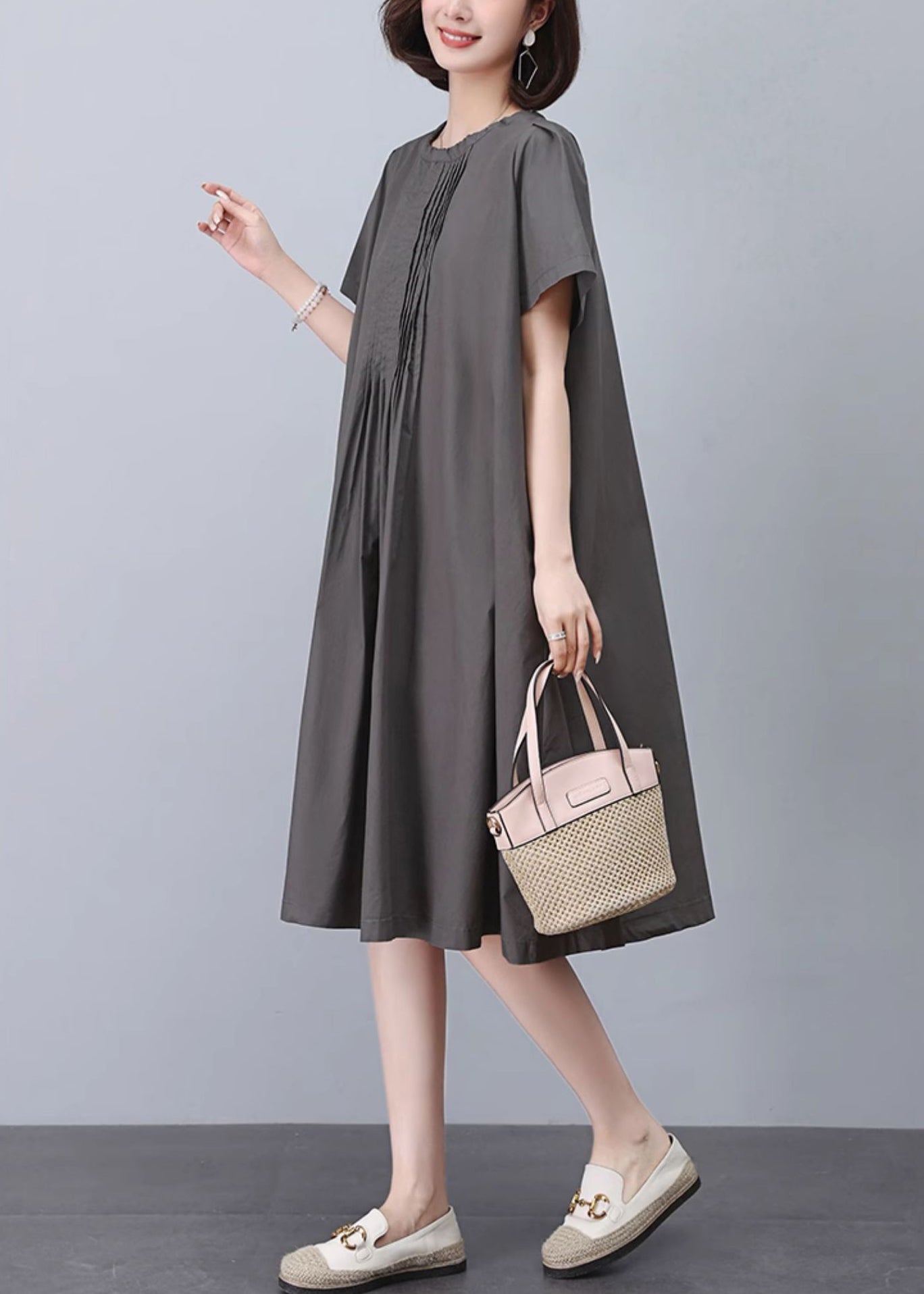 Women Grey O-Neck Solid Cotton Dresses Summer