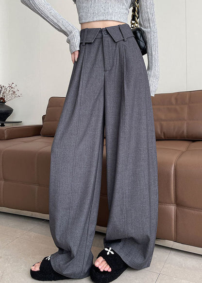 Women Grey Oversized Drawstring Cotton Wide Leg Pants Fall