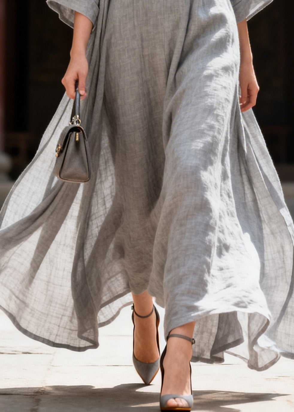 Women Grey Oversized Exra Large Hem Cotton Maxi Dresses Summer