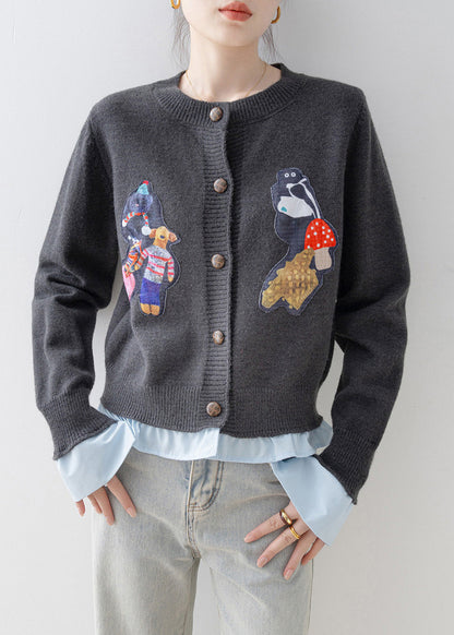 Women Grey Oversized Patchwork Knit Fake Two Piece Cardigan Winter