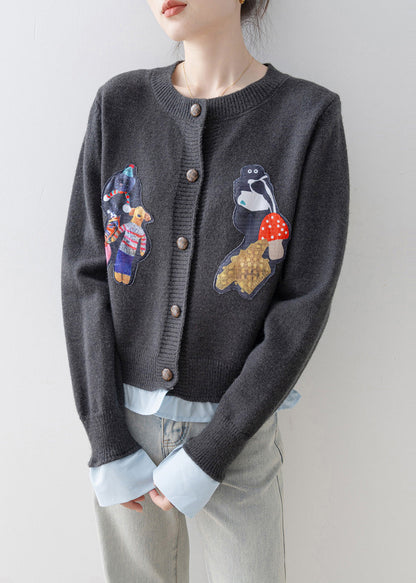 Women Grey Oversized Patchwork Knit Fake Two Piece Cardigan Winter