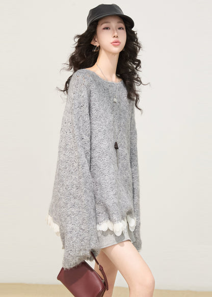 Women Grey Oversized Patchwork Knit Sweaters Winter