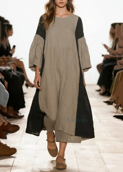 Women Grey Oversized Patchwork Linen Vacation Dresses Bracelet Sleeve