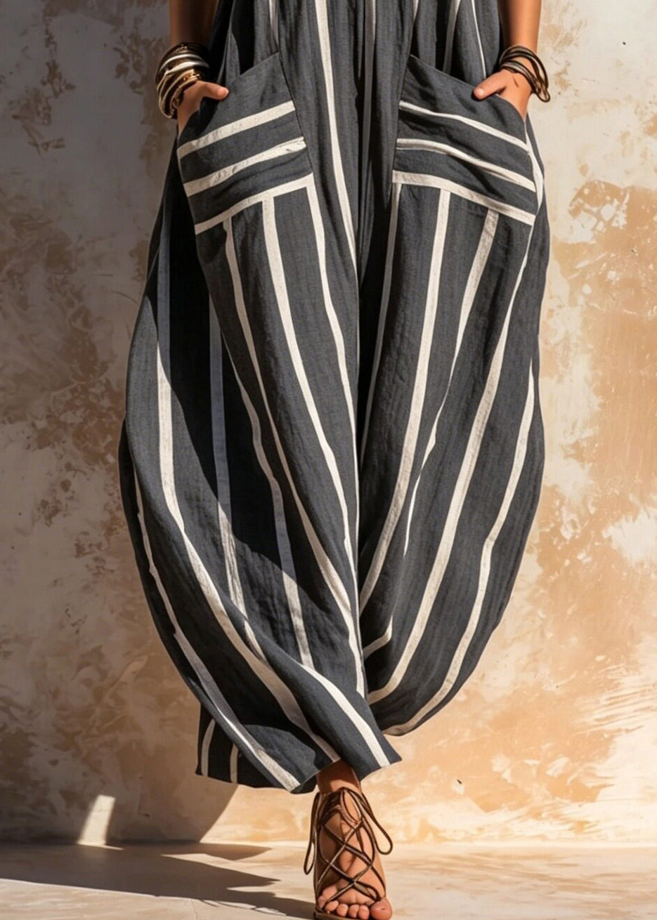 Women Grey Oversized Striped Cotton Overalls Jumpsuit Summer