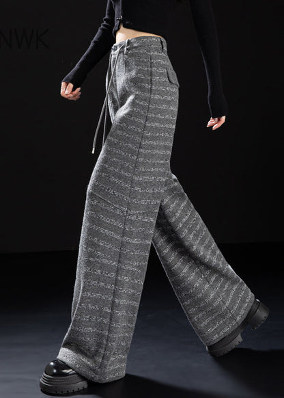 Women Grey Oversized Striped Woolen Straight Pants Winter