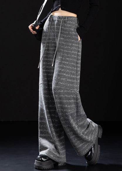 Women Grey Oversized Striped Woolen Straight Pants Winter