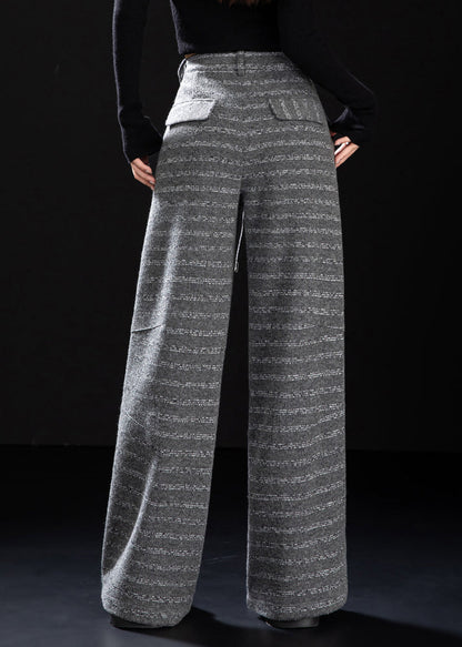 Women Grey Oversized Striped Woolen Straight Pants Winter