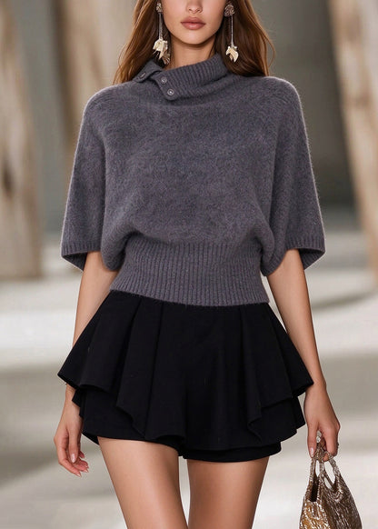 Women Grey Peter Pan Collar Patchwork Knit Pullover Fall