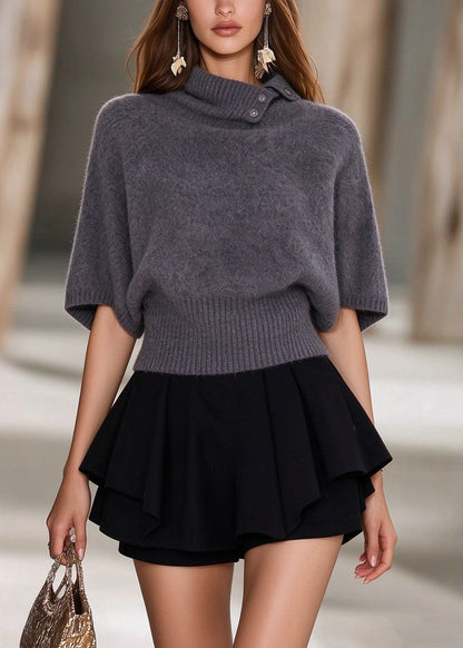 Women Grey Peter Pan Collar Patchwork Knit Pullover Fall
