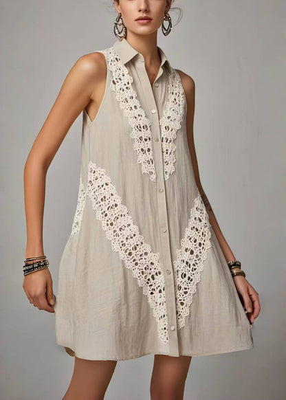 Women Grey Peter Pan Collar Patchwork Lacen Day Dress Sleeveless