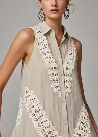 Women Grey Peter Pan Collar Patchwork Lacen Day Dress Sleeveless