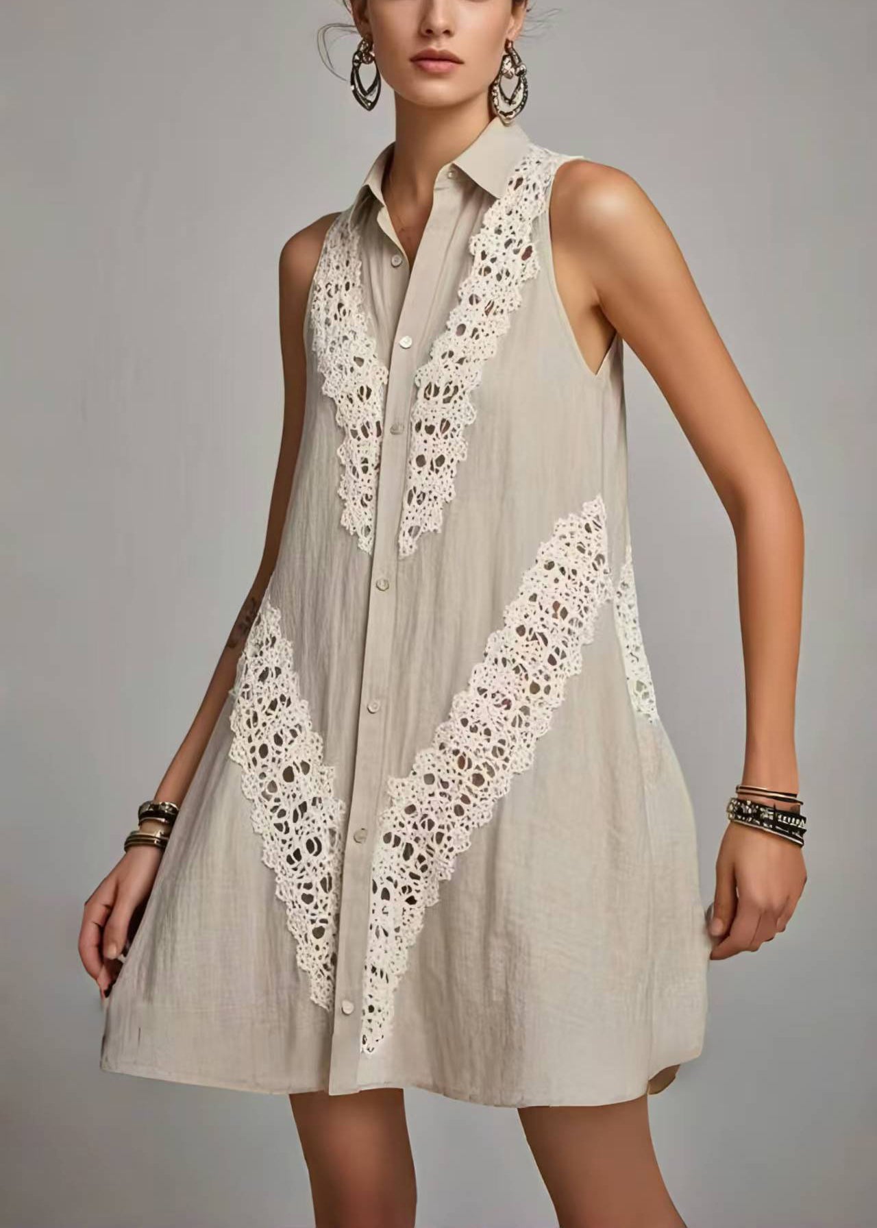 Women Grey Peter Pan Collar Patchwork Lacen Day Dress Sleeveless